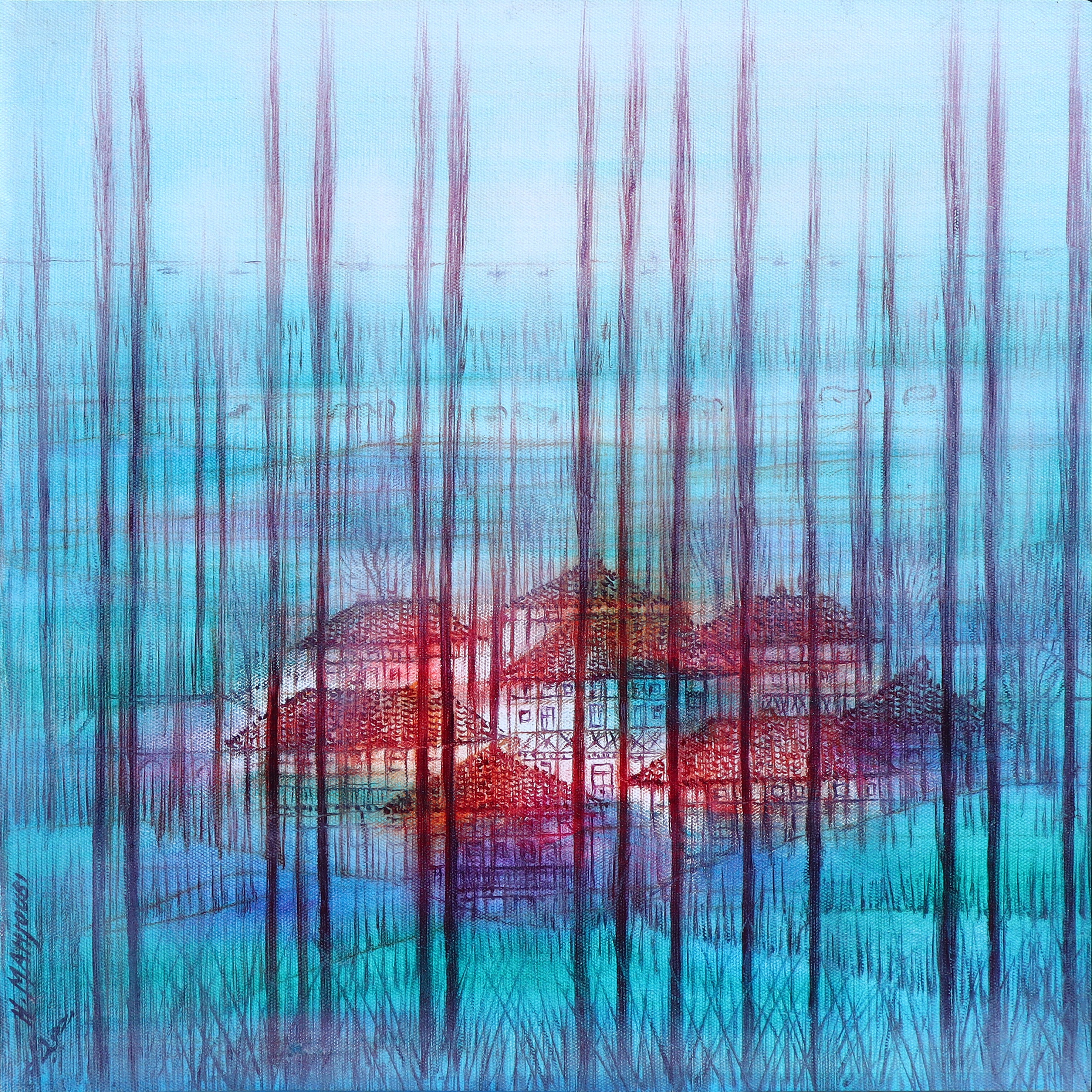 اثر خانه های سفالی گیلان و درخت تبریزی از حسین محجوبی اثر خانه های سفالی گیلان و درخت تبریزی از حسین محجوبی